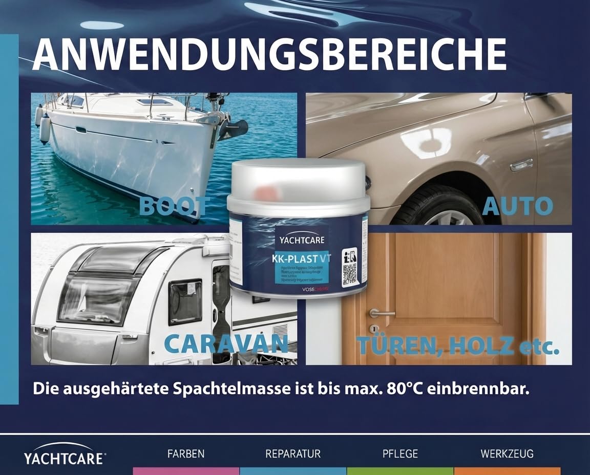 Yachtcare Szpachla poliestrowa 250 g, nie zawiera styrenu – 2K szpachla wypełniająca do samochodu, łodzi, metalu, drewna i włókna szklanego – niska kurczliwość się, szybkoschnąca i nadająca się do