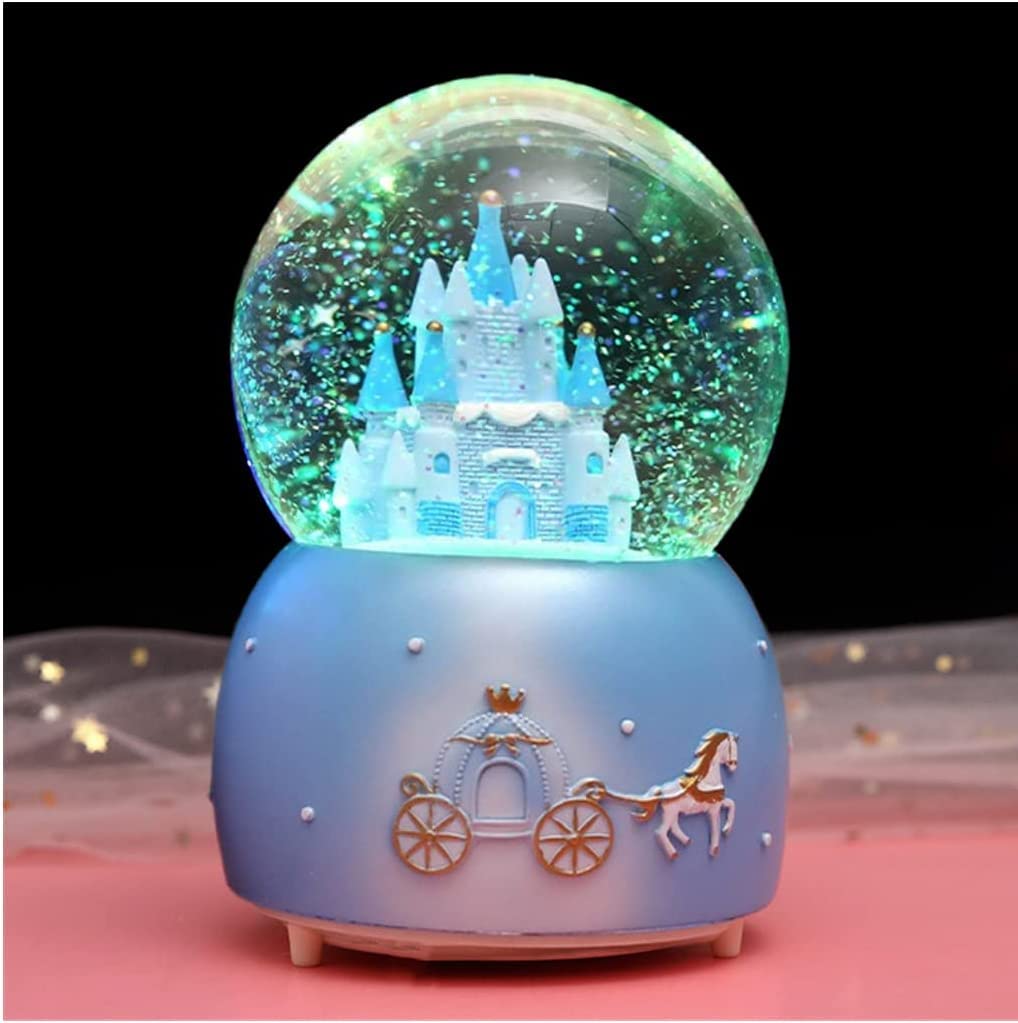 Girls Musical Snow Globe Crystal Ball Castle Flying Snow Music Box Rotating Musical Box with Colorful LED Light Melody Musical Gift Artware Christmas New Year Birthday Gift For Kids Bedroom Decor