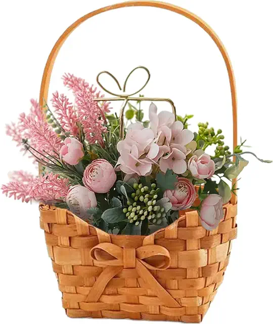 Hand Woven Wood Chip Flower Basket with Handles - Wedding & Home Storage Container