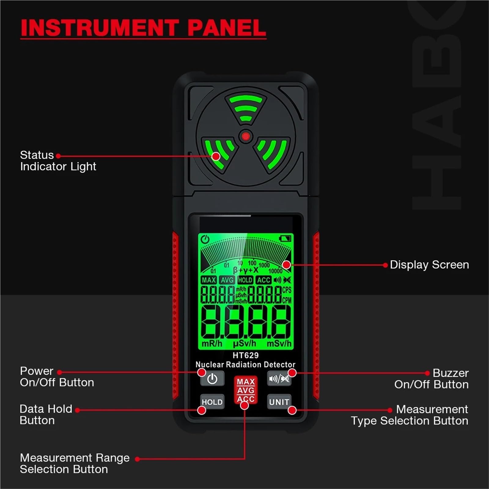 HT629 Contador Geiger Detector de radiación nuclear Dosímetro personal Probador de rayos X de rayos X Mármol