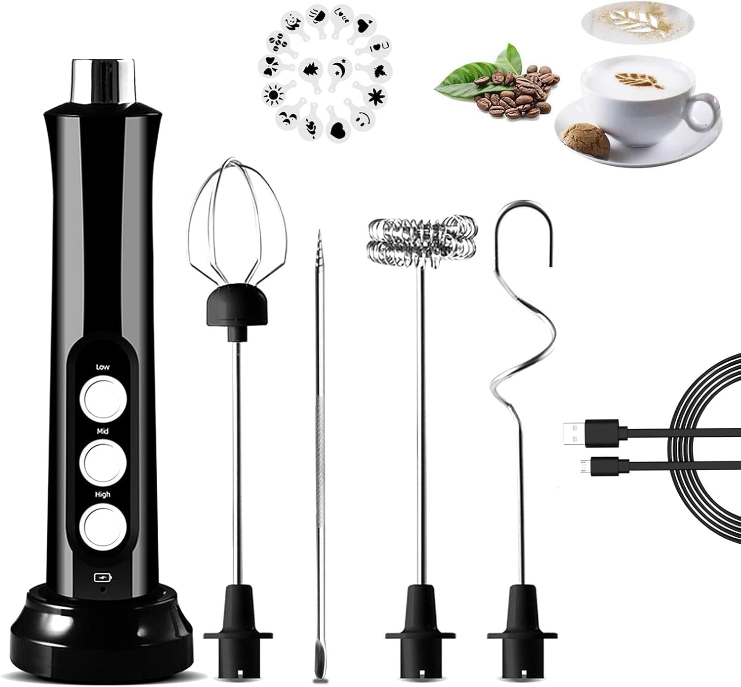 Frullatore Latte Elettrico, Schiuma da Barista a Un Tocco con 4 modalità, per caffè Latte e Cioccolata, Silenzioso e Ricaricabile USB-C, 240ml,EW Black+Base