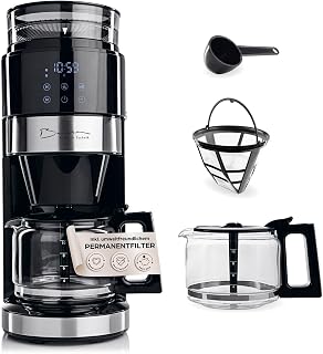 Barista Filterkaffeemaschine mit verstellbarem Mahlwerk (Pro Design) | Warmhaltefunktion, 24h Timer & Permanentfilter | Für 10 Tassen Kaffee | Kaffeemaschine für Bohnen & Pulver [Edelstahl]