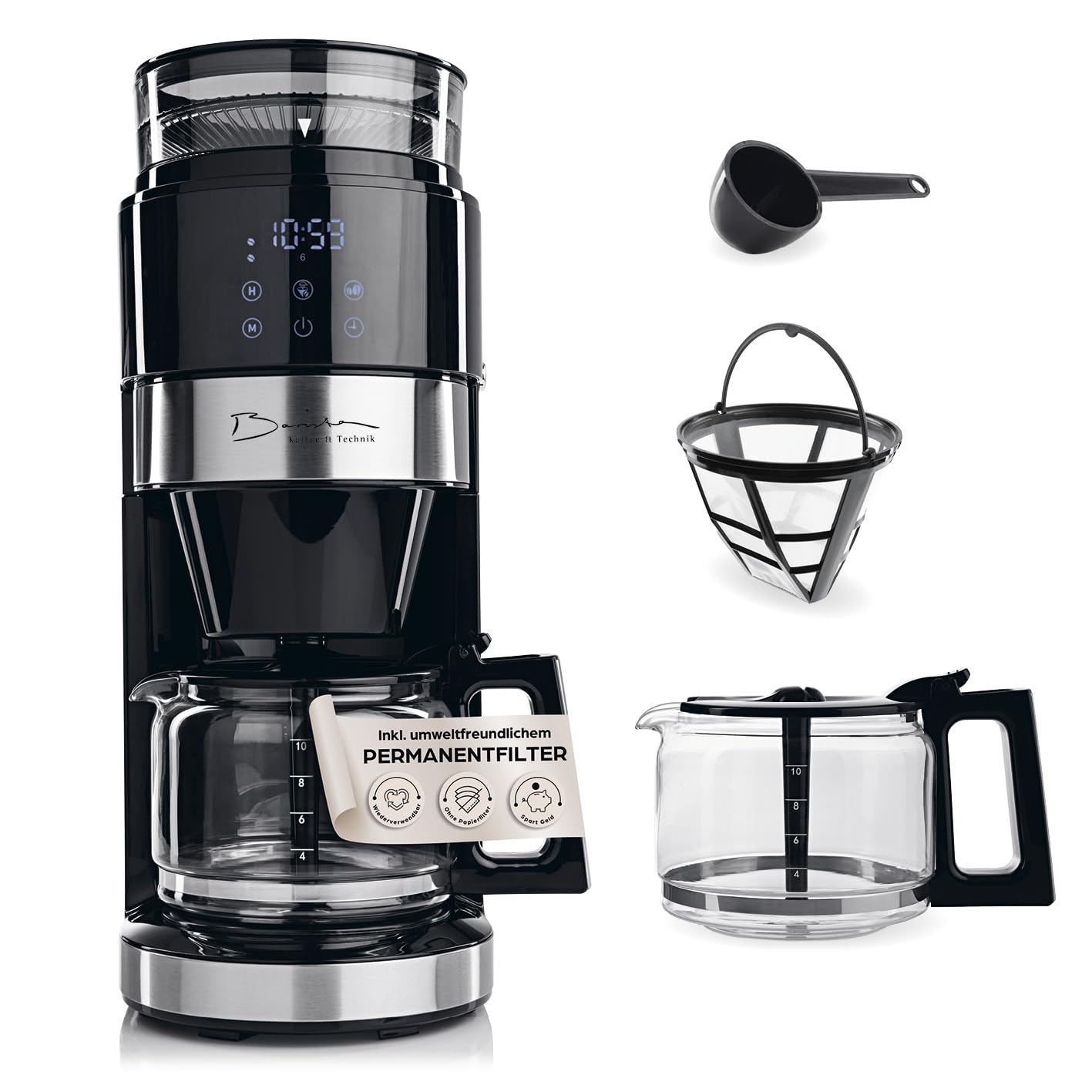 Barista Kaffeemaschine mit Mahlwerk | Filterkaffeemaschine mit Glaskanne | 900W Filtermaschine mit Touchdisplay & Timerfunktion für bis zu 10 Tassen | 1,25 Liter Kaffeekanne | Für Bohnen & Pulver