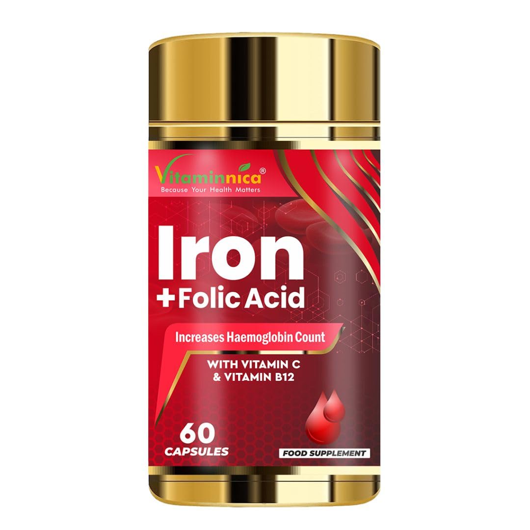 Vitaminnica Iron+Folic Acid- Boosts Energy, Haemoglobin and Immunity - 60 Capsules