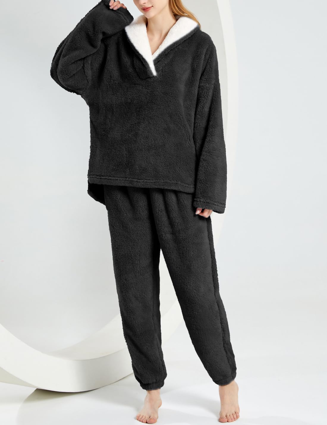 Sukany Ensemble de pyjama moelleux 2 pièces en polaire douce et confortable pour femme - Pull et pantalon chaud en peluche - Vêtement de détente d'hiver pelucheux