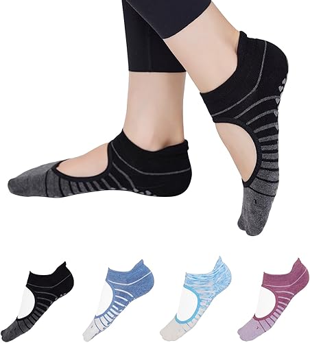 Calcetines de yoga antideslizantes para mujer, 4 pares de calcetines elásticos de agarre para pilates, barras, baile y entrenamientos de estudio