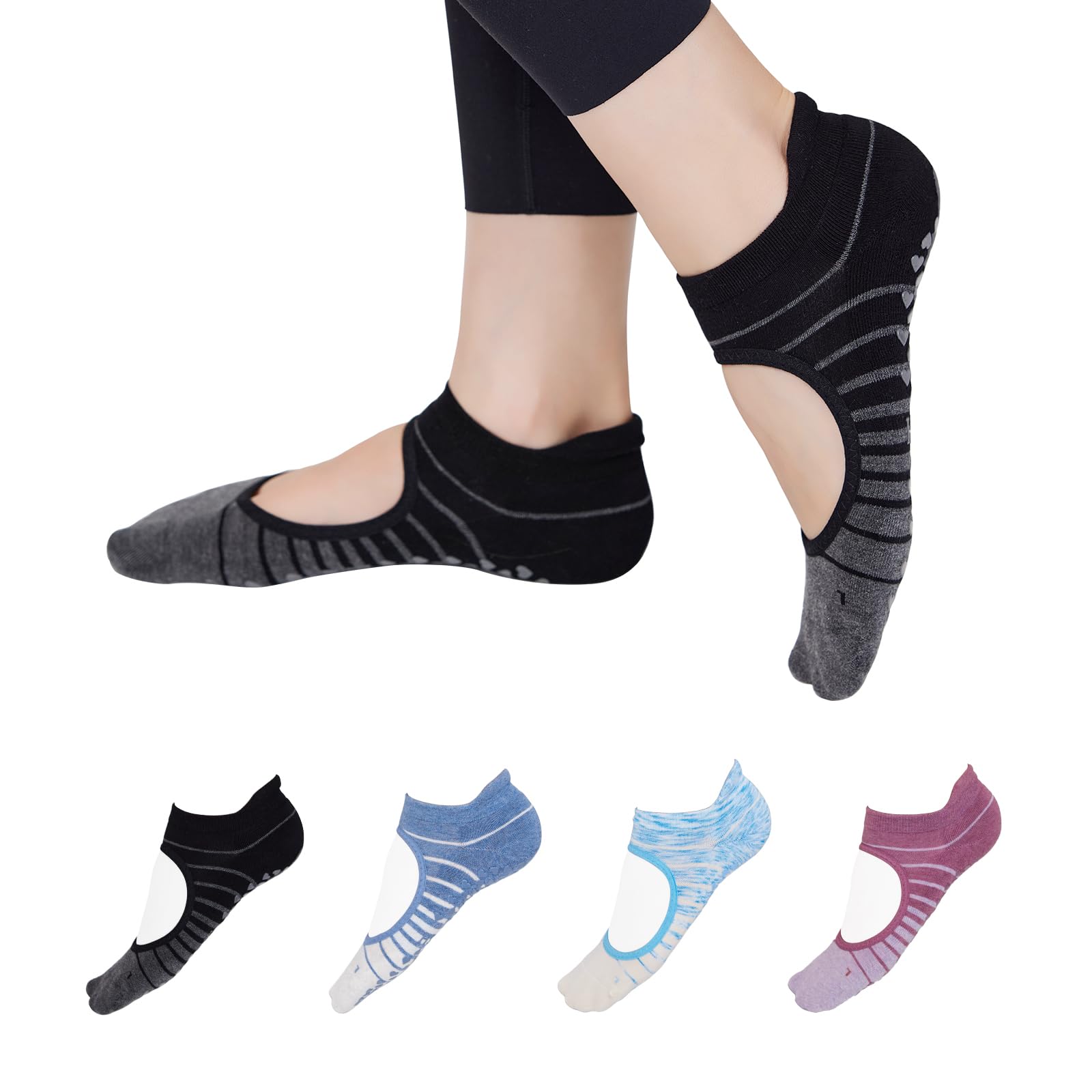 Anti-Slip Yoga Socks for Women 4 Pairs Stretchy Grip Socks for Pilates Barre Dance and Studio Workouts