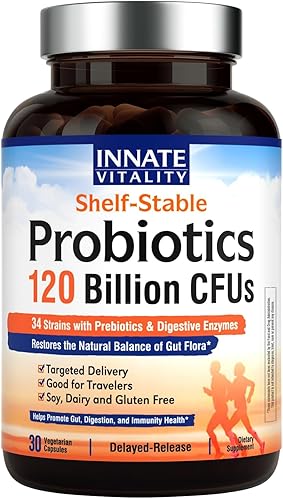 Innate Vitality Probiotics 120 Billion CFUs for Men & Women, 34 Strains with Prebiotics & Digestive Enzymes, Immune & Digestive Health, Delayed
