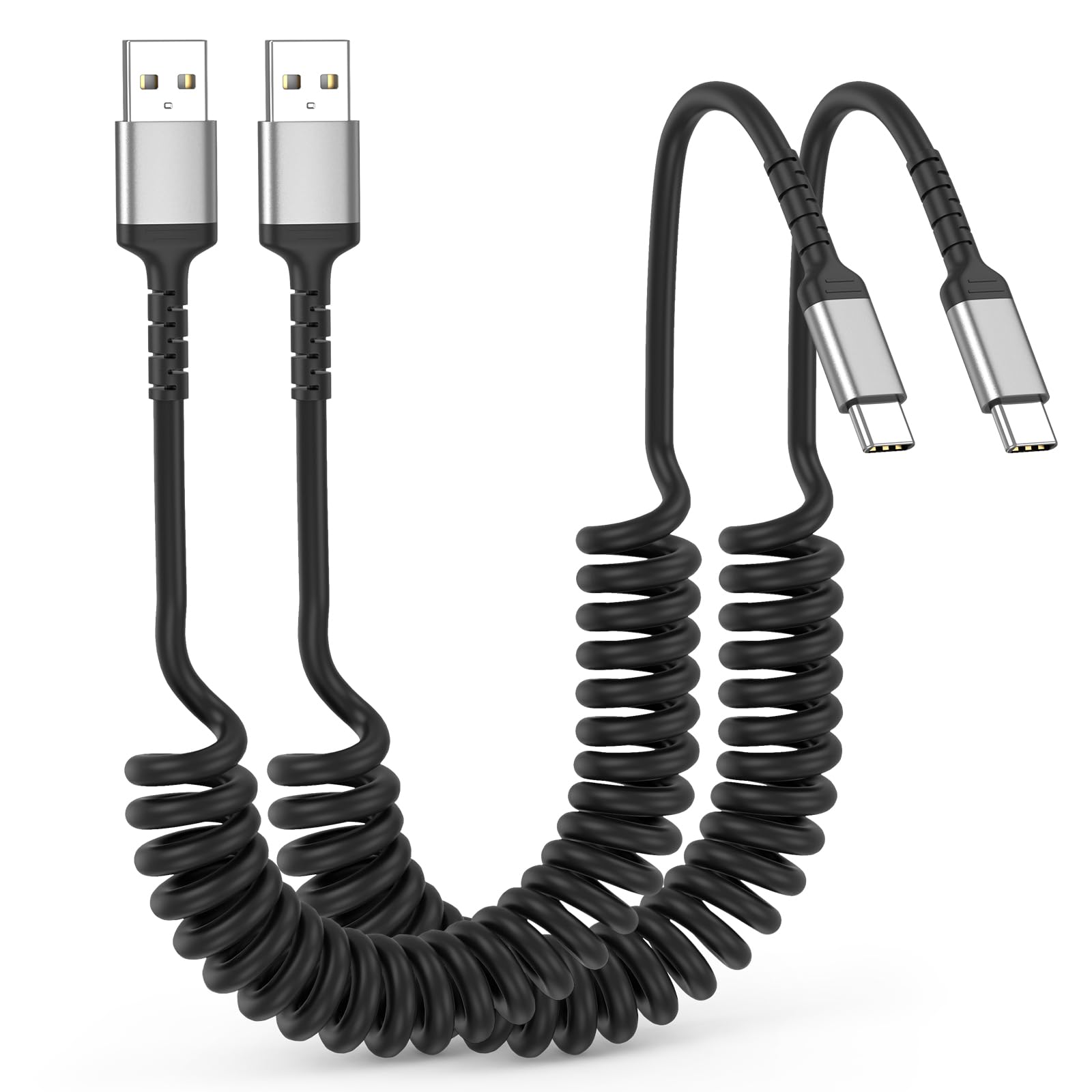 Car Carplay - Cavo a spirale da USB A a USB C per Android Auto CarPlay, cavo USB C per ricarica rapida per iPhone 17 16 15 Samsung Galaxy S25 S24 S23, cavo USB C a spirale, confezione da 2
