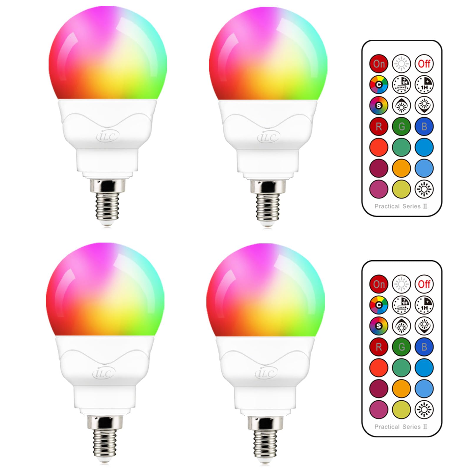 ILC E12 LED Light Bulbs (40w Equivalent) 5W, Color Changing RGB, 5700K Daylight White, Small Base Candelabra Round Light Bulb, A15 Candle Base, 12 Colors 2 Modes Timing with Remote Control (4 Pack)
