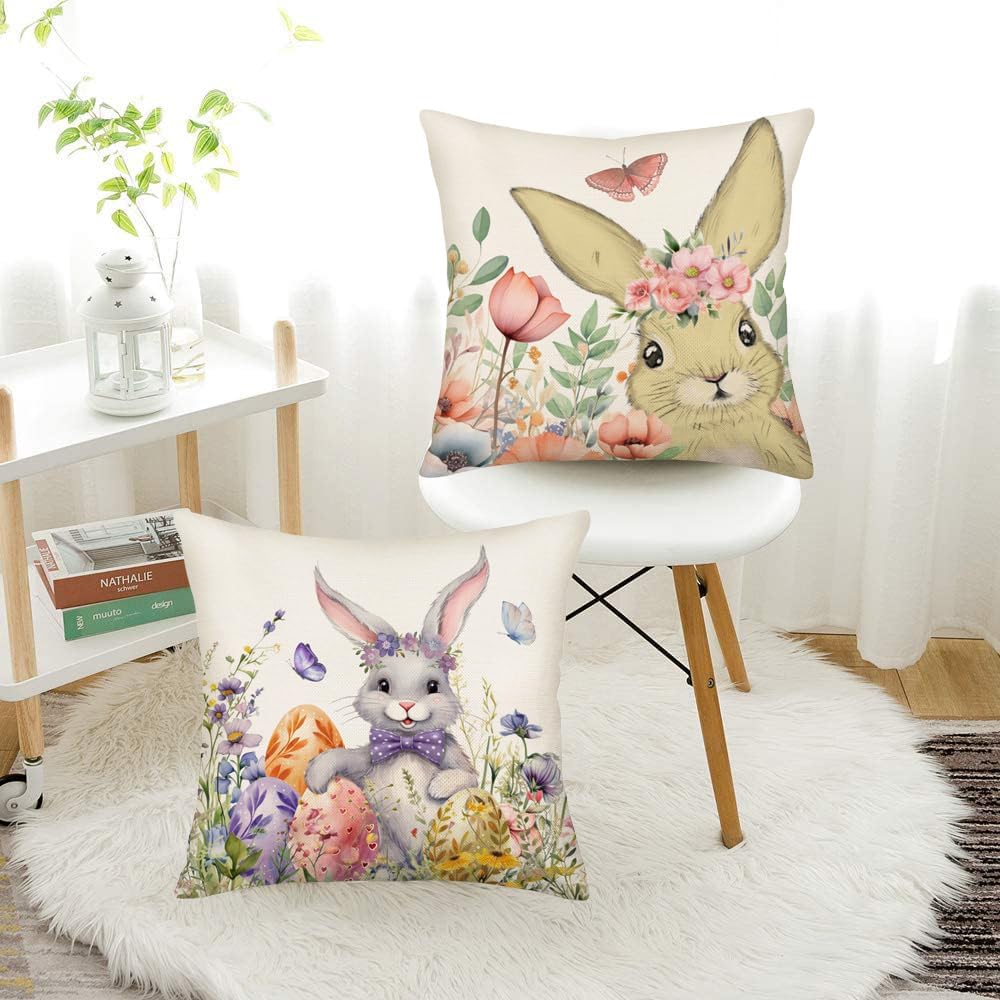 Happy Easter Pillow Covers 20x20 Inch Set of 4 Rabbit Bunny Butterfly Egg Floral Leaves Spring Farmhouse Decoration Throw Pillow Cases Cushion Cover Cotton Linen for Sofa Couch