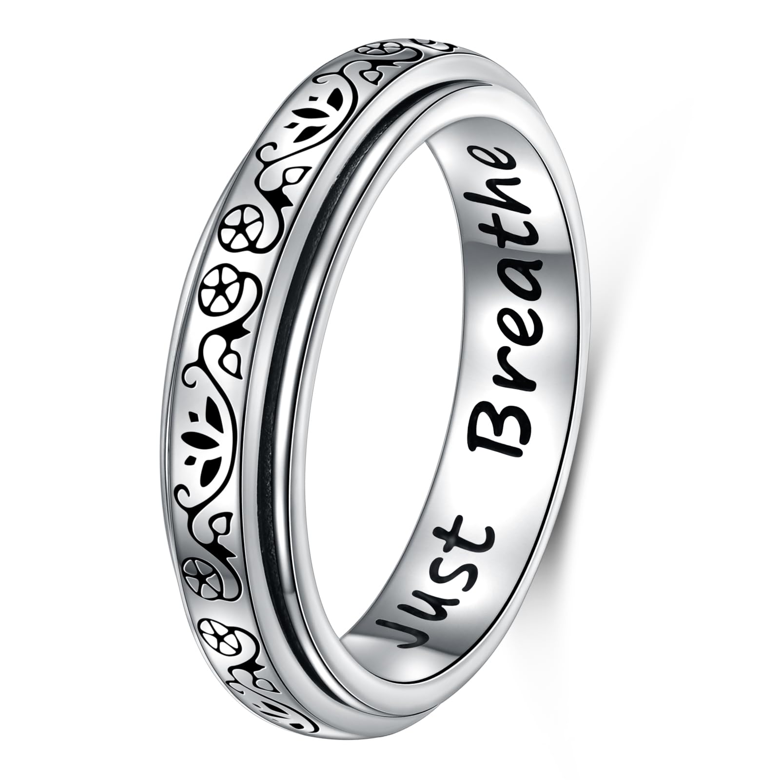 Anillo antiestrés de plata de ley 925 con flor de loto para yoga, Just Breathe Spinner para aliviar el estrés, el aburrimiento, TDAH, autismo, para mujeres y hombres