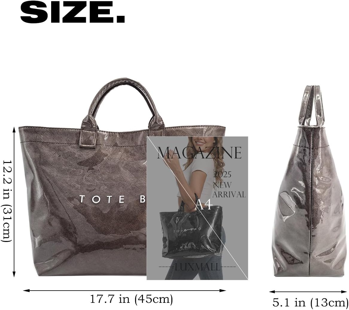PVC Tote Bag for Women Large Tote Purse Kraft Paper Letter Print Hobo Handbags for Work Beach Shopping Travel