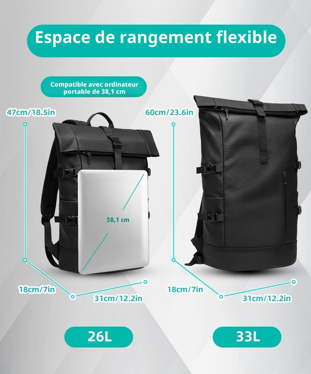 Sac a Dos Homme Etanche 33L pour 15 Pouces Ordinateur Portable Extensible pour Randonnée Travail Voyage Cyclisme Université-Noir