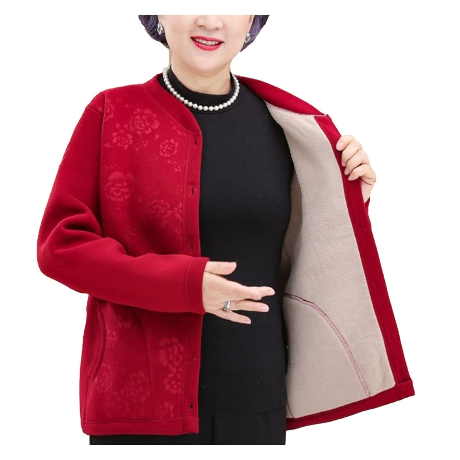 Middle-Aged Elderly Womens Thick Warm Fleece Cardigans Coat Old Ladys Knitted Jacket Sweater Winter Long Sleeve Top