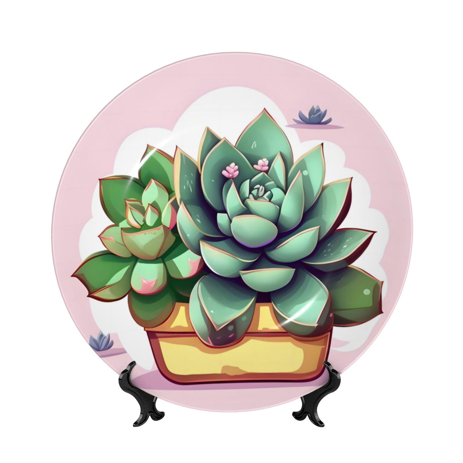 SXZVVBN Cartoon Succulents Bone China Decorative Plate Art with Stand Removable Adhesive Hanging for Home Office 10in（25cm）