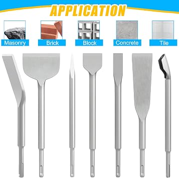 7PCS SDS Chisel Bits Chisel Set for SDS-Plus Hammer SDS's Chisels Set, Including Tile, Flat, Grooving, Scraping, Scaling, Point, Angled Chisels for Brick