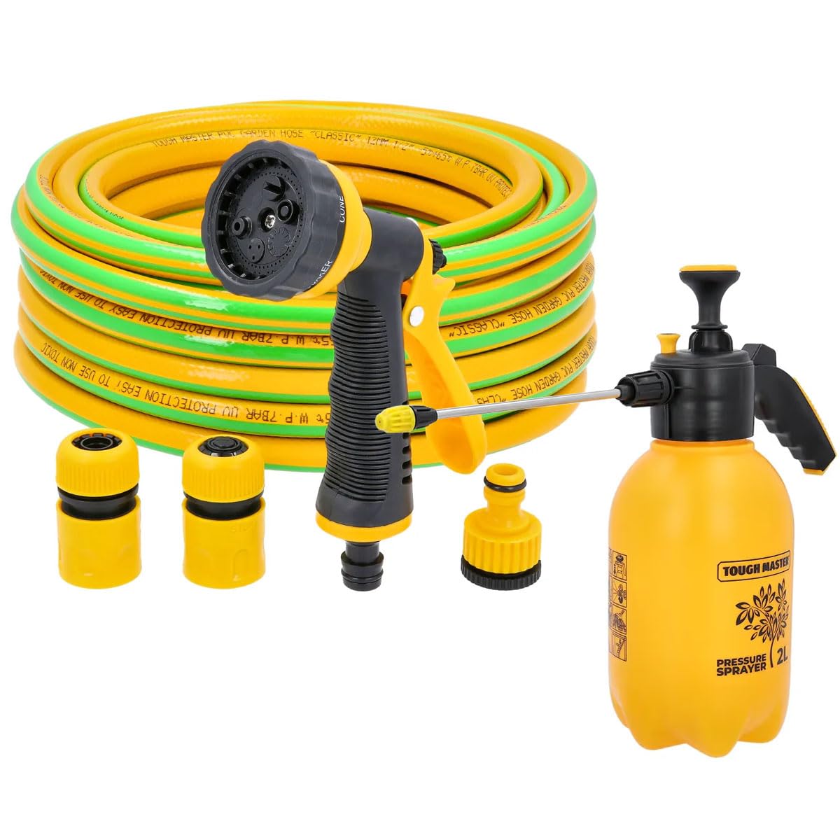 Tough Master Yellow Garden Hose 15M 50Ft With 6 Pattern Spray Gun And 3 Nozzles, 3-Layer Reinforced Hosepipe 1/2 Inch For Lawn Irrigation (With 2L Pressure Sprayer)