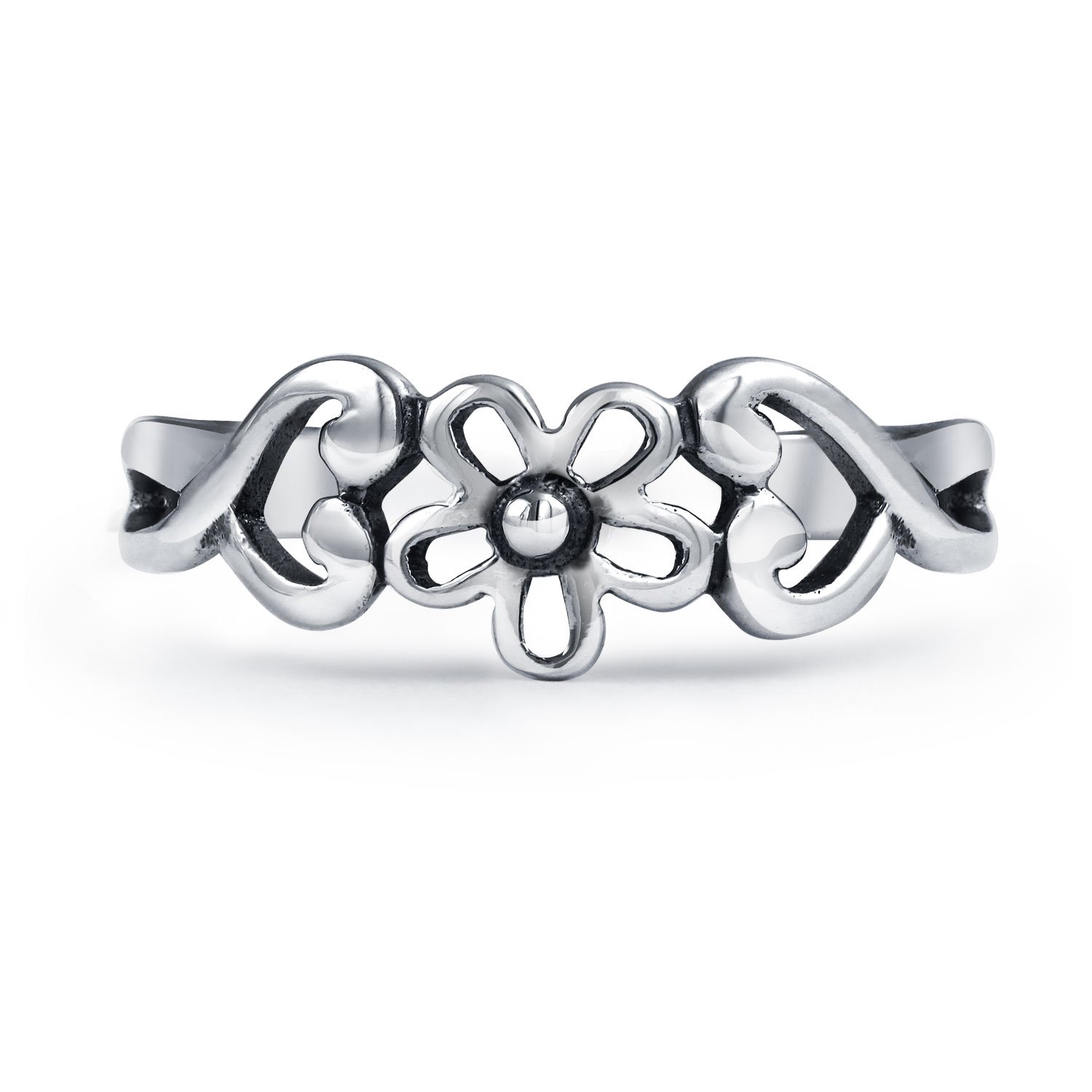 Set di Due Anelli Romantici a Doppio Cuore Aperto Intersecato con Intaglio di Fiori e Motivo a Spirale per Donne e Adolescenti, Lucidato in Argento Sterling .925 Regolabile.