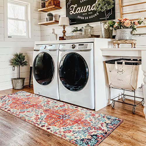 Lahome Bohemian Floral Medallion Area Rug - 2X6 Washable Runner Rug Oriental Distressed Non-Slip Hallway Kitchen Mat Faux Wool Low-Pile Floor Carpet For Laundry Bathroom Bedside #TOP5