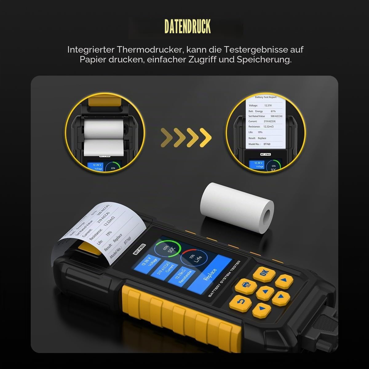 AUTOOL BT760 12-V-/24-V-Batterielastprüfgerät für Kraftfahrzeuge mit 30–2000 CCA, Batterieanalysator für Anlasser und Ladesysteme mit Drucker,Batterietester kfz für schwere LKWs, Motorräder ATV SUV