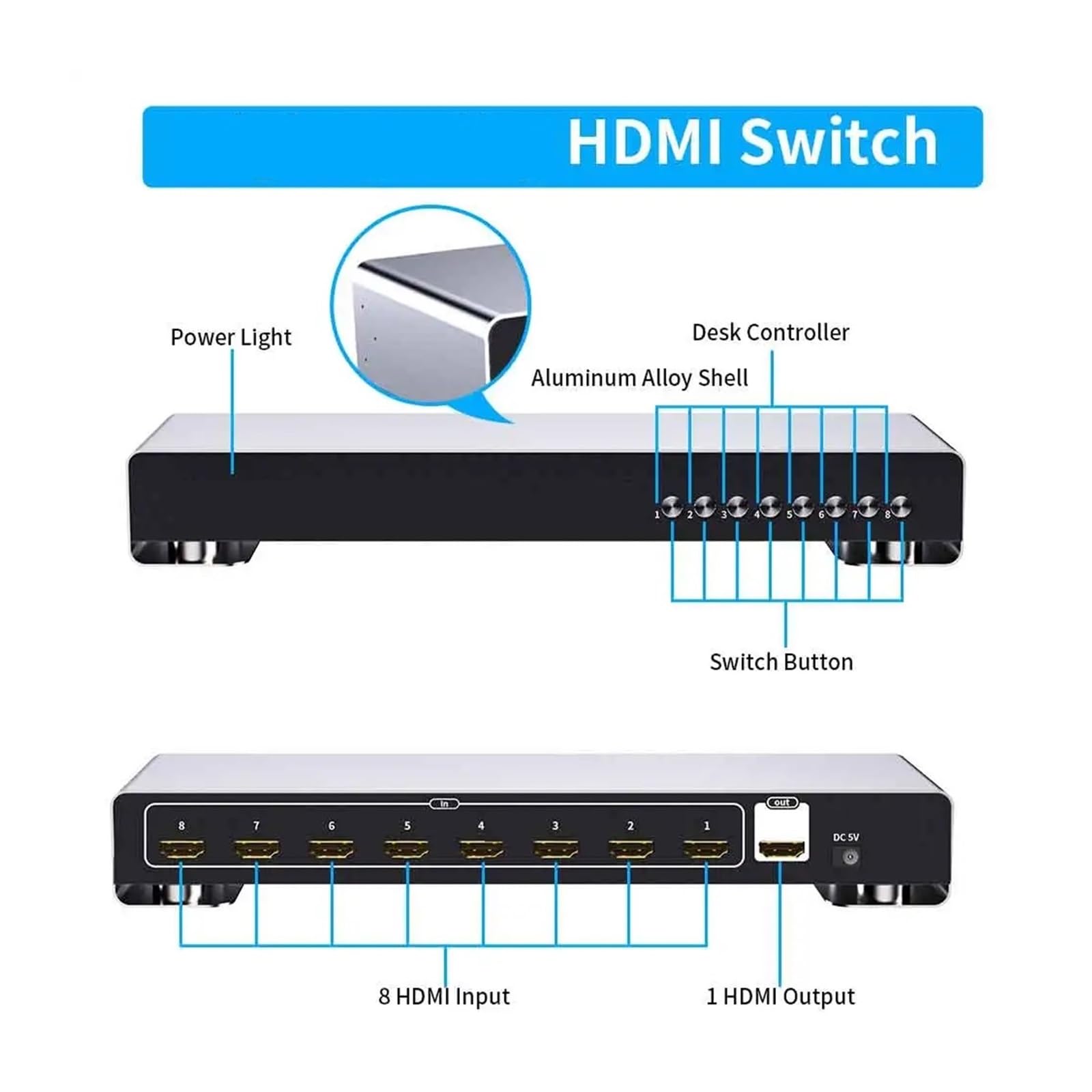 Conmutador de vídeo, Conmutador 4K, conmutador de vídeo 8 en 1, puertos, dispositivo for compartir, impresora, Control interruptor KVM, ordenadores
