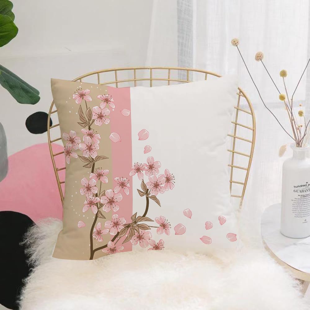 HYOSXW Cushion Cover,Throw Pillow Case Home Decorative for Living Room Bedroom Sofa Chair 16X16 Inch,Pale pink, cherry blossoms, elegant border design,Pillowcase 40X40cm