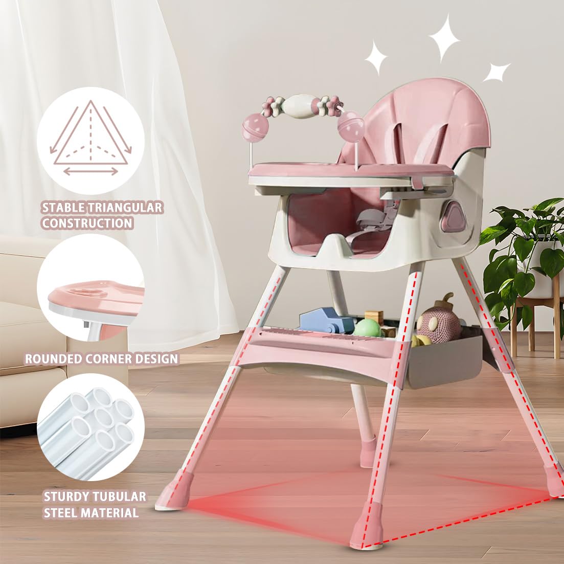 UBRAVOO Trona Bebé 3 en 1, Silla de Comedor Portátil Convertible con Arnés de 5 Puntos, Doble Bandeja para Comida y Estantes para Juguetes (rosa-03)
