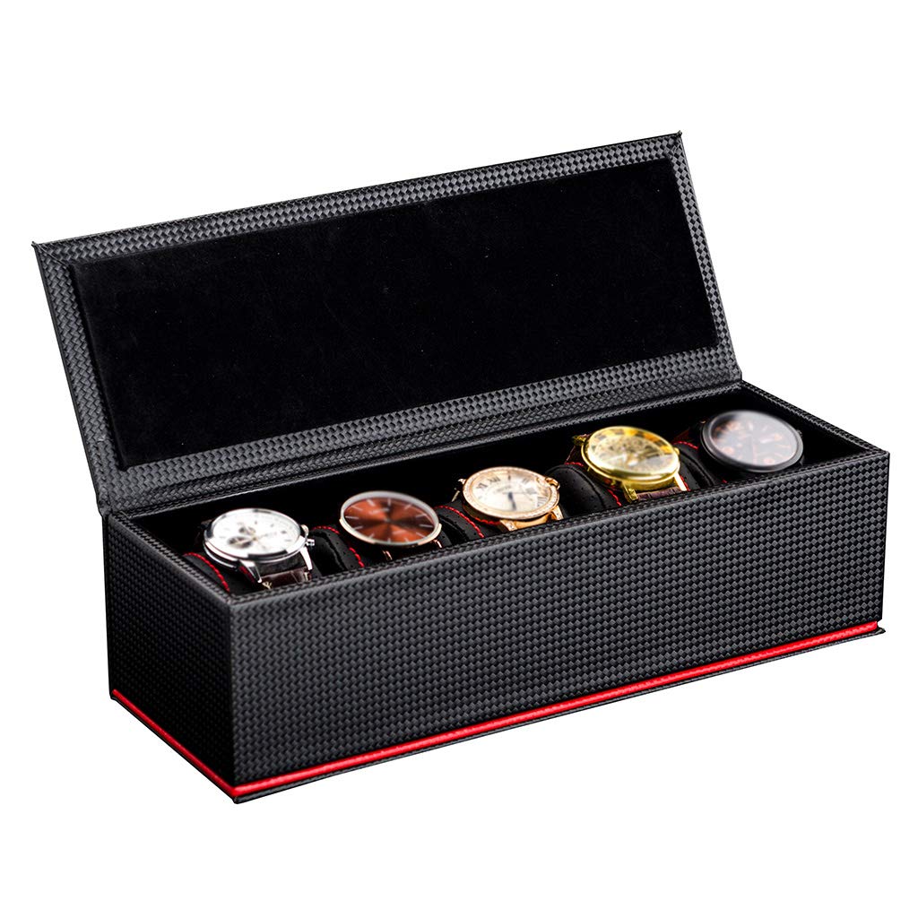 MUSUMI Reloj de 5 rejillas Caja de almacenamiento de exhibición de joyas de Fibra de carbono Organizadores de pulseras Estuche de exhibición con almohadas para Hombres/Mujeres