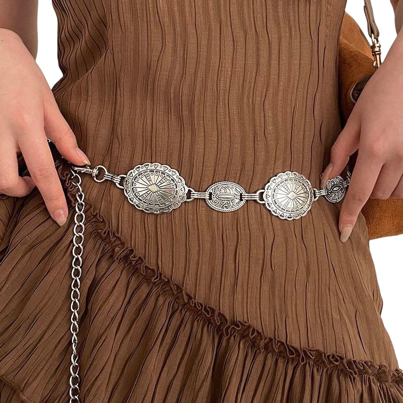 Western Belts for Woman Cowgirl Concho Silver Chain Belt for Jeans Dresses Rodeo Country Concert Outfits for Women4
