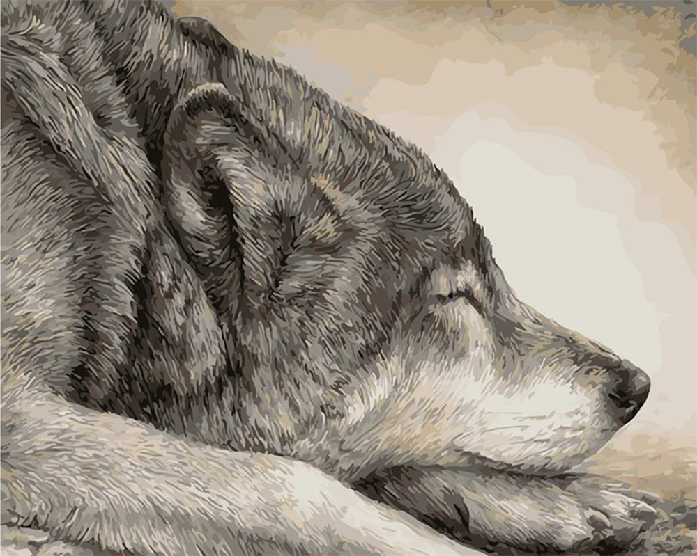 YEESAM ART Paint by Numbers for Adults Kids, Grey Wolf Sleeping 16x20 Inch Linen Canvas Acrylic DIY Number Painting Kits Wall Art Decor Gifts (Without Frame)