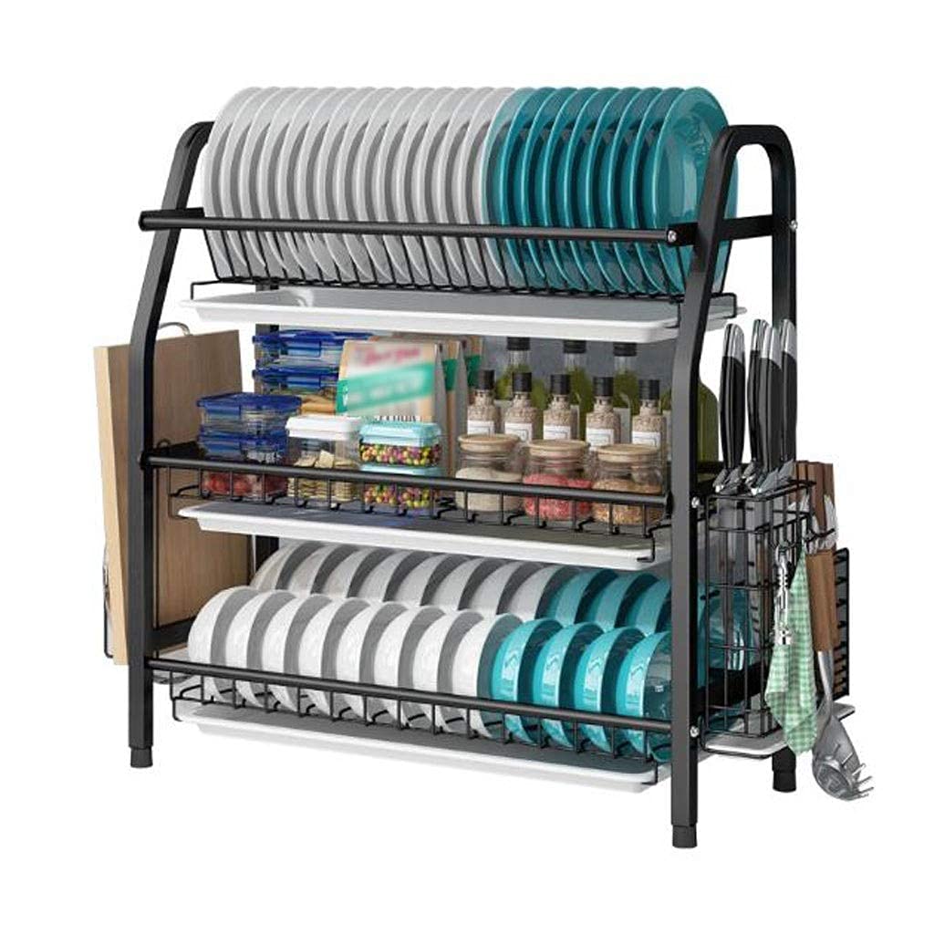 MYUYEE Dish Drainer Rack Dish Drying Rack Dish Drying Rack Compact 3-Tier Dish Drainer Large Spice Rack Stainless Steel For Kitchen Counter Storage Rack With Pot Rack Utensil(Black)