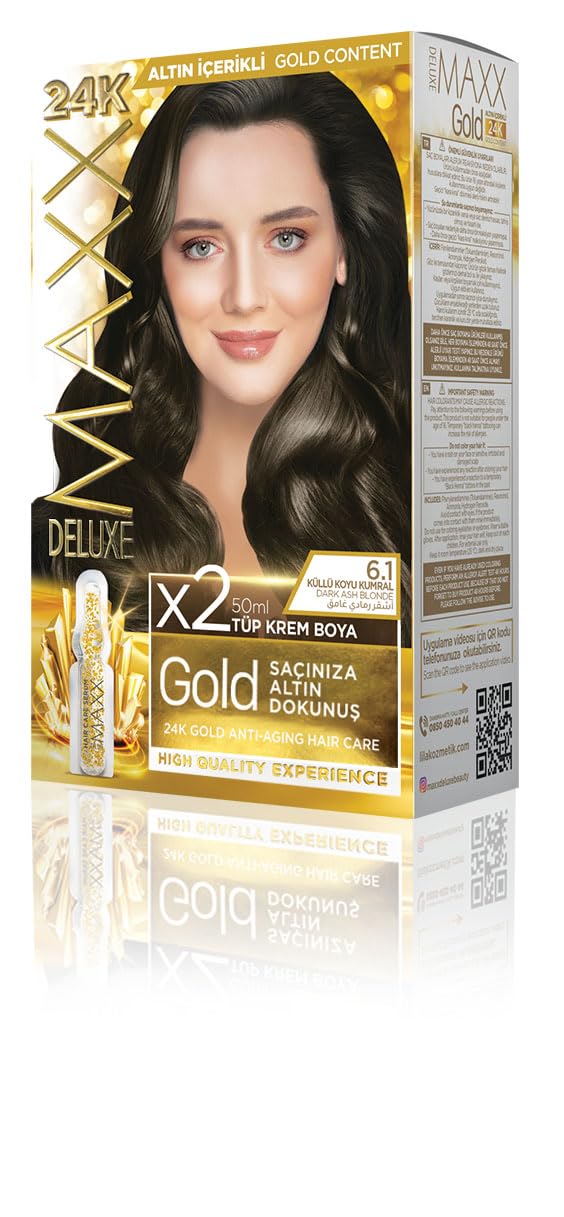 MAXX DELUXE Gold serisi 24K Altın Parçacıklı Serum ile 1 Kutu 2 x 50 ml ve Geliştiriciler Saç Boyası (KÜLLÜ KOYU KUMRAL 6.1)