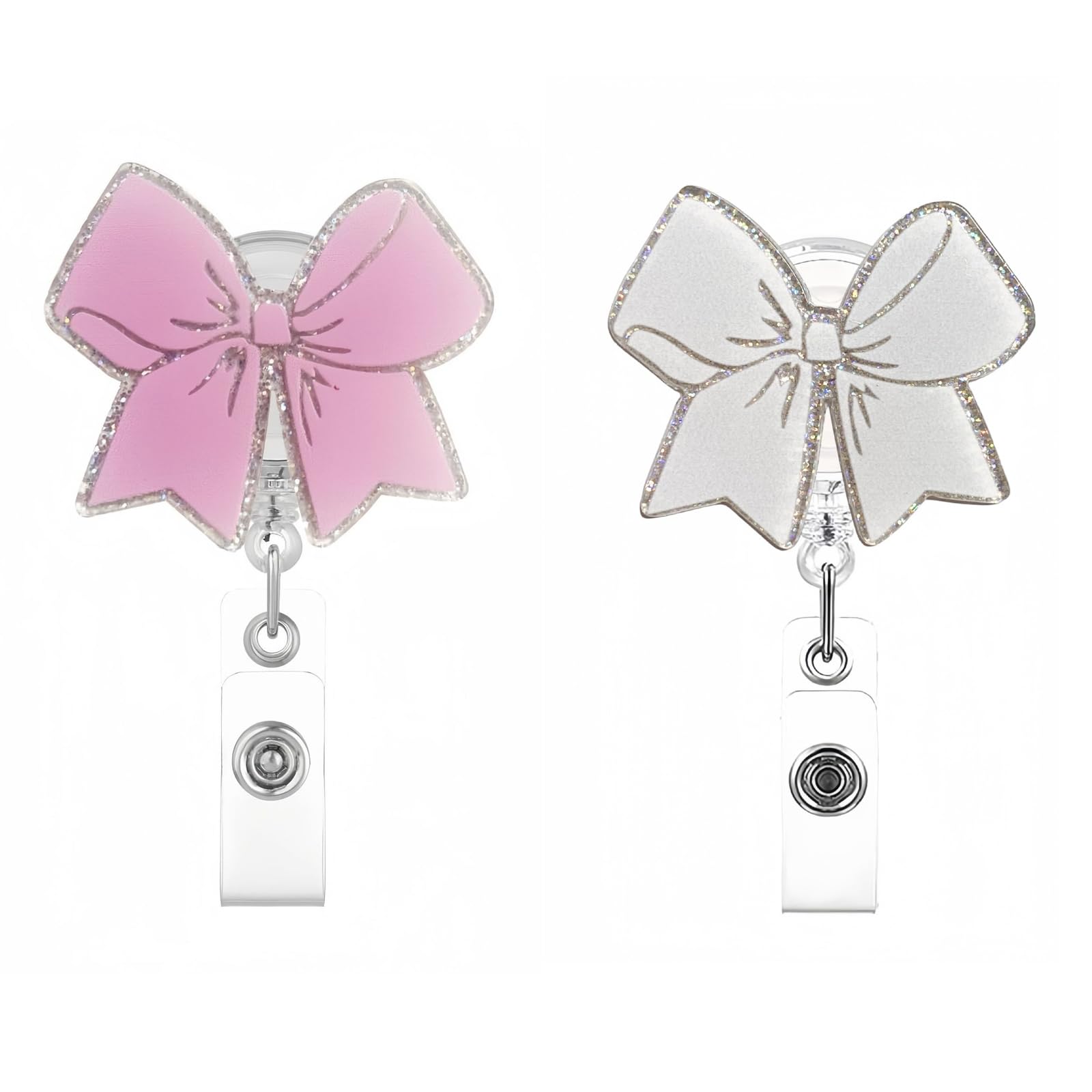 Bow Badge Reel,2Pcs Cute Bow with Heart Badge for ID Card Badge,Pink+White Bling Bow Retractable Badge Holder Alligator Clip Accessories for Nurse,