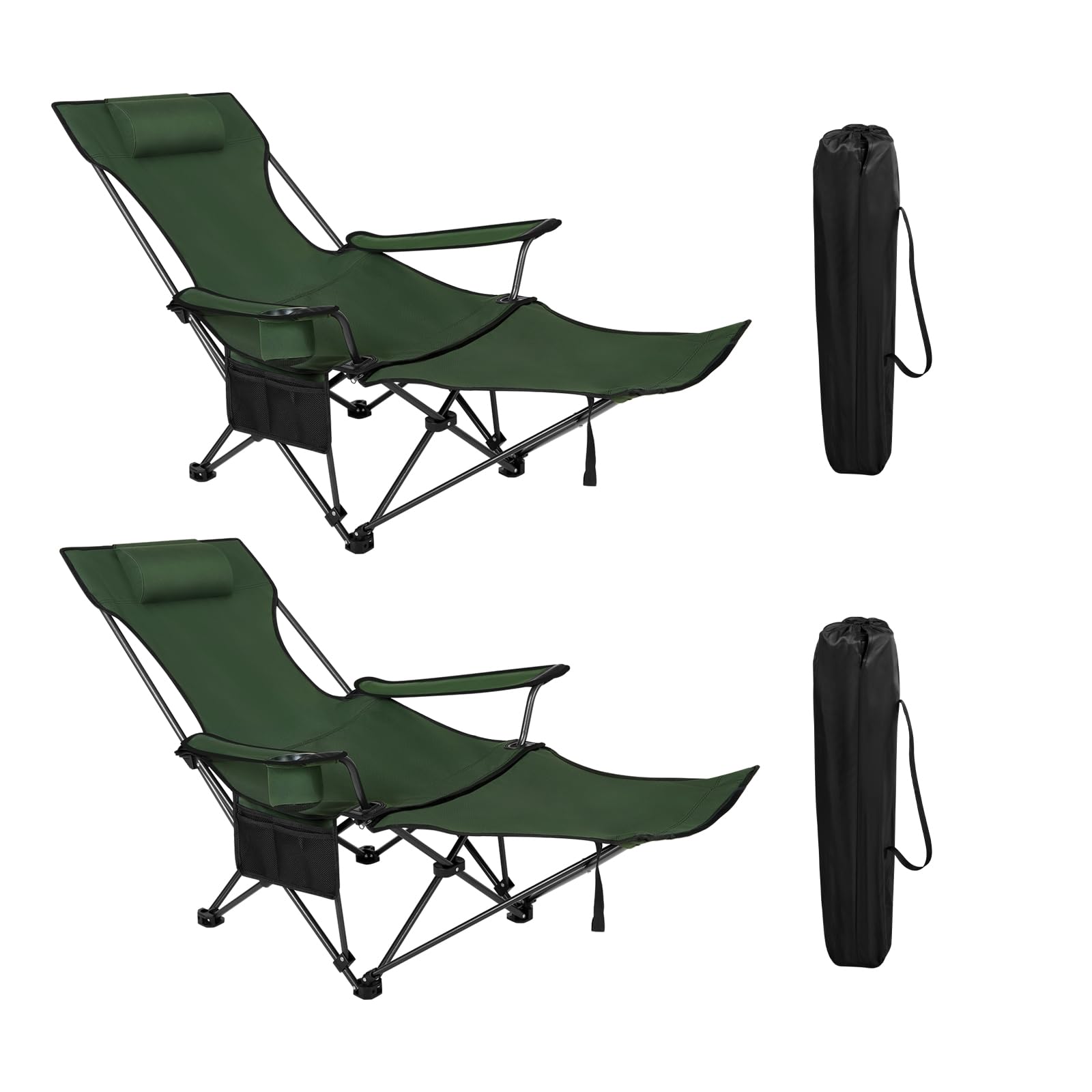 WOLTU Folding Set of 2 Camping Chair Lightweight Fishing Chair with Retractable Footrest and Removable Headrest, Carry Bag, for Outdoor Activities, Green, CPS8148gn-2