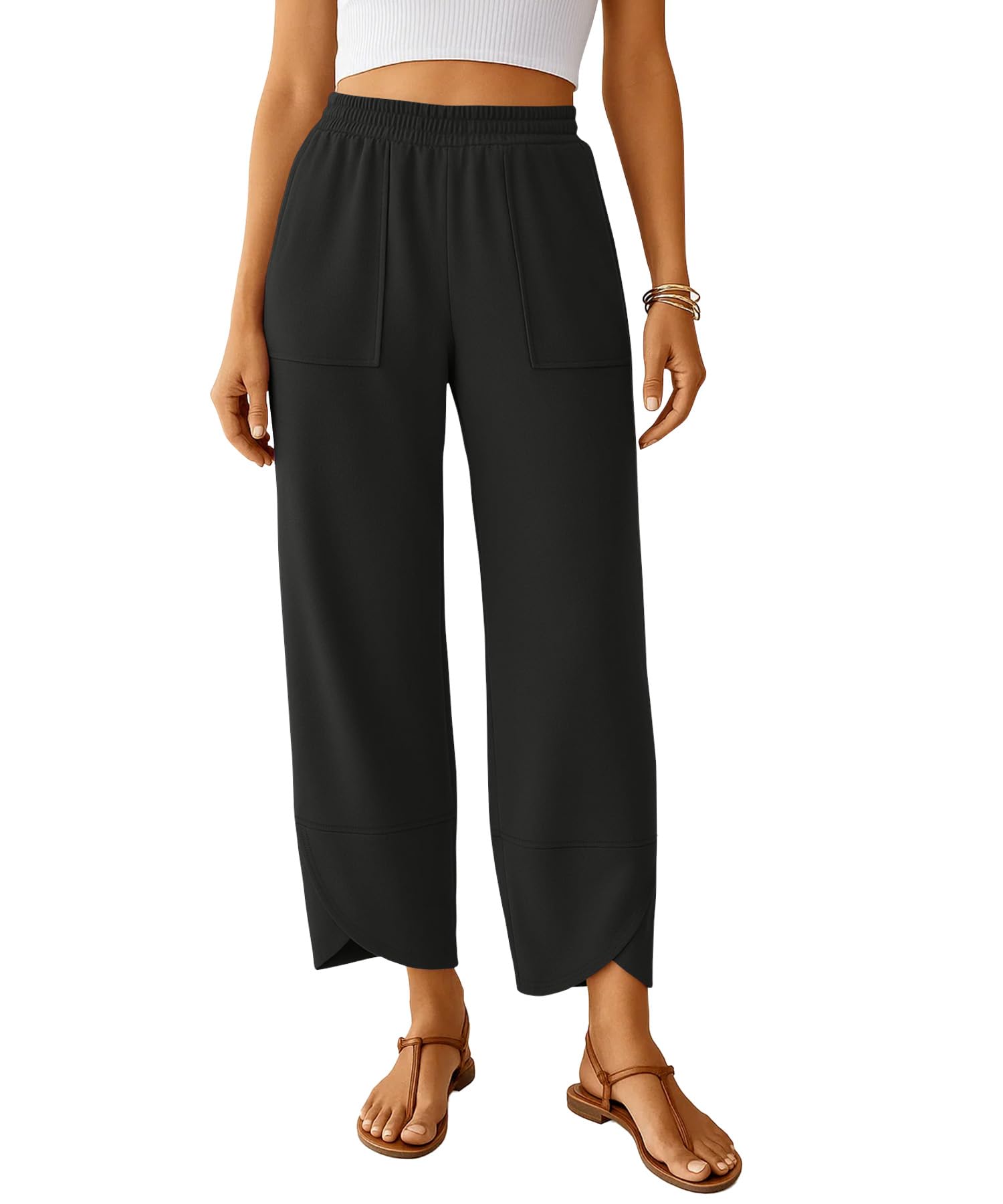 NILOUFO Womens Baggy Wide Leg Pants Casual Elastic High Waisted Palazzo Harem Trousers with Pockets Lounge Loose Comfy