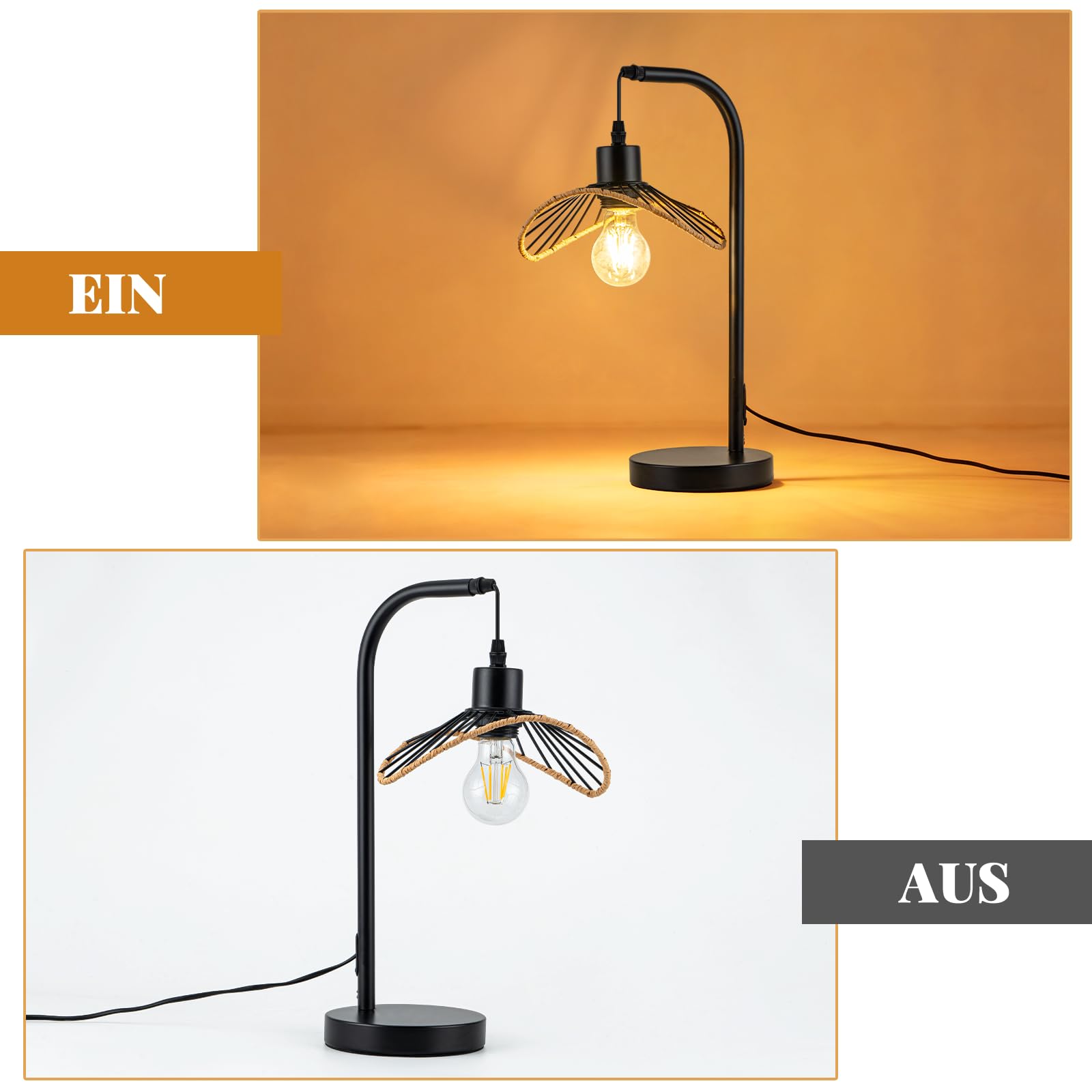 Tischlampe Schwarz Nachttischlampe Vintage 2er | Nachtlampe mit Kabel Tischleuchte E27 Schlafzimmer Schreibtischlampe Retro Leselampe Metall Tisch für Wohnzimmer