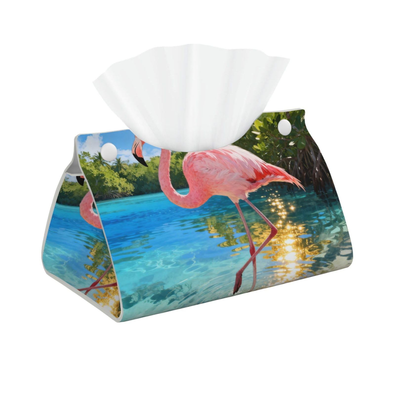 Flamingos Print Long Leather Tissue Box Cover-Waterproof PU Leather Tissue Holder for Bathroom, Decorative Rectangular Tissue Case