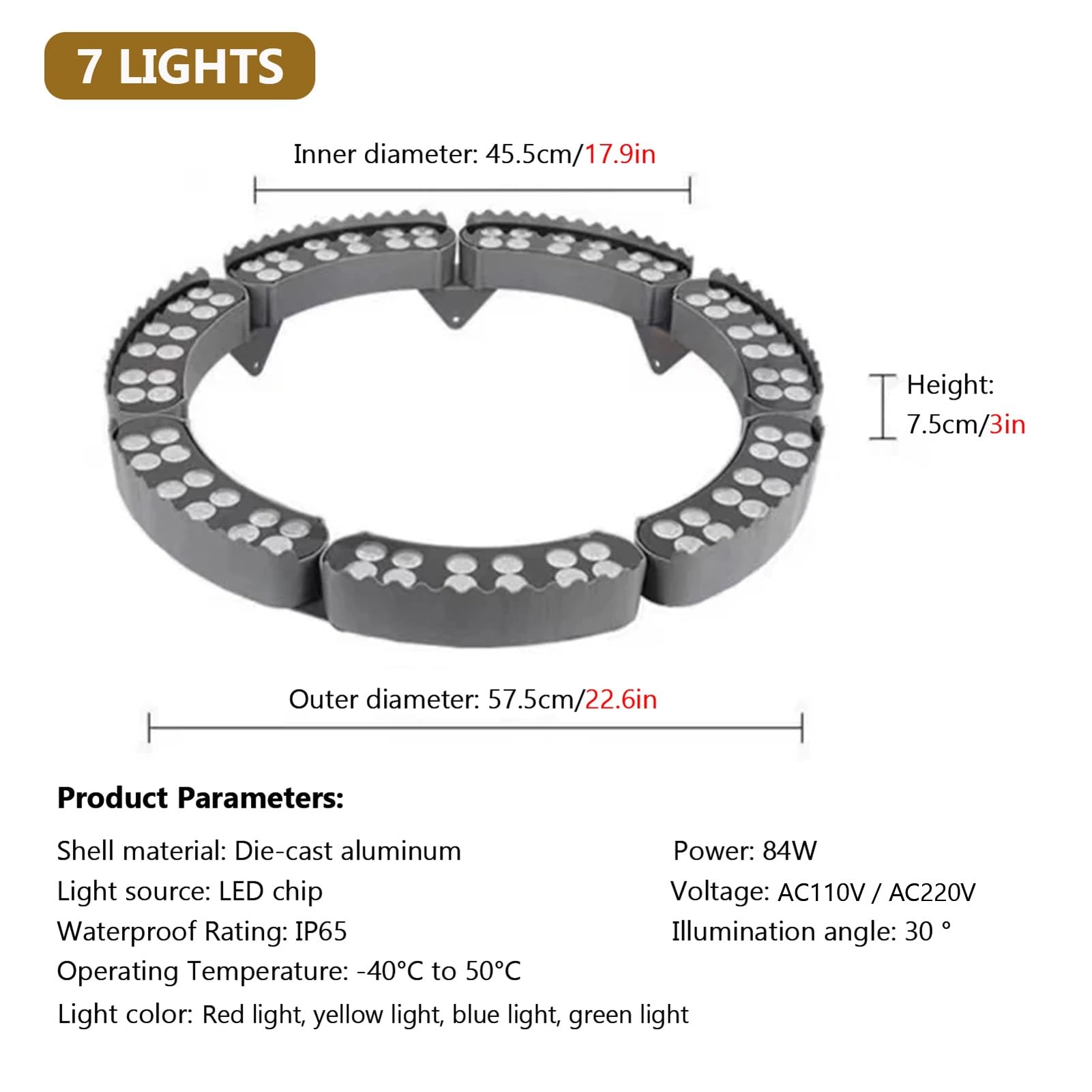 Lampa zewnętrzna LED, regulowany wodoodporny pierścień świetlny IP65, 7 czerwonych / żółtych / niebieskich i zielonych reflektorów LED do dekoracji drzew ogrodowych, idealny do użytku przez