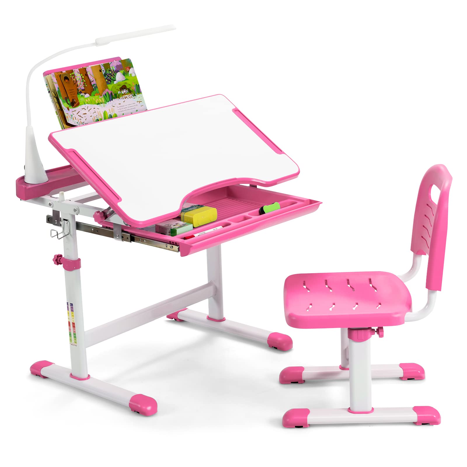 DREAMADE Bureau Enfant avec Tiroir, Support de Lecture et Lampe LED Dimmable, Hauteur et Angle Réglables, Bleu/Rose