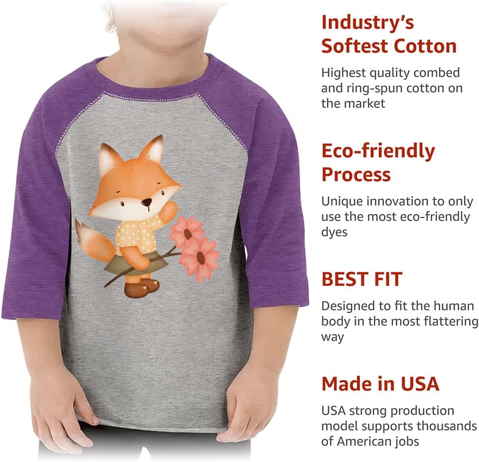 Fox Print Toddler Baseball T-Shirt - Cartoon Design 3/4 Sleeve T-Shirt - Cute Kids' Baseball Tee