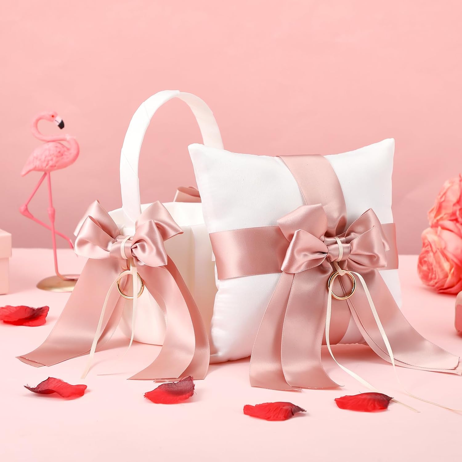 2 Pcs Flower Girl Baskets and Ring Bearer Pillow Set Pink Satin Bowknot Flower Baskets White Ring Bearer Pillow Ivory Satin Wedding Fairy Decor for Wedding Party Ceremony