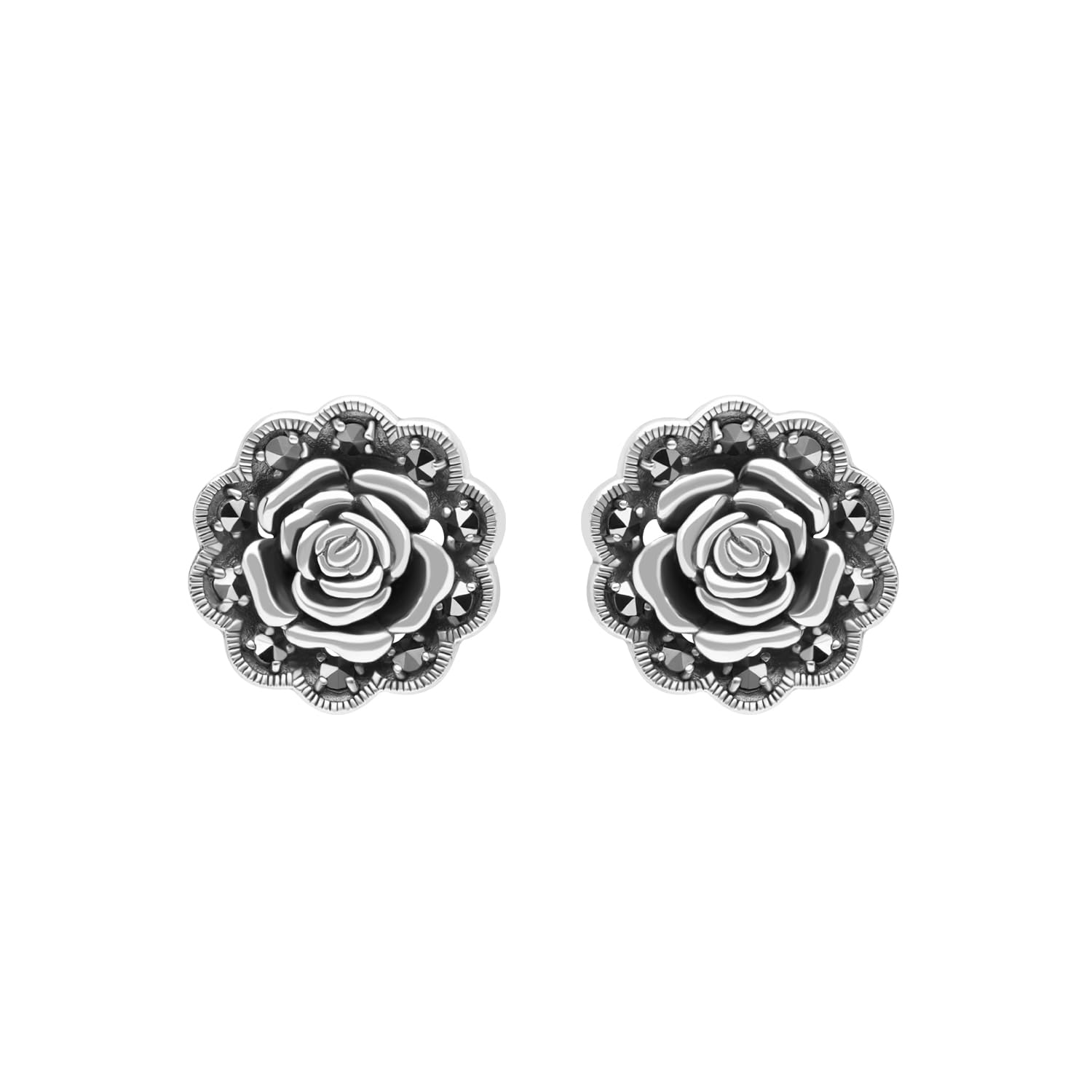 Marcasite Sterling Silver Victorian English Rose Marcasite Stud Earrings, Sterling Silver, Marcasite