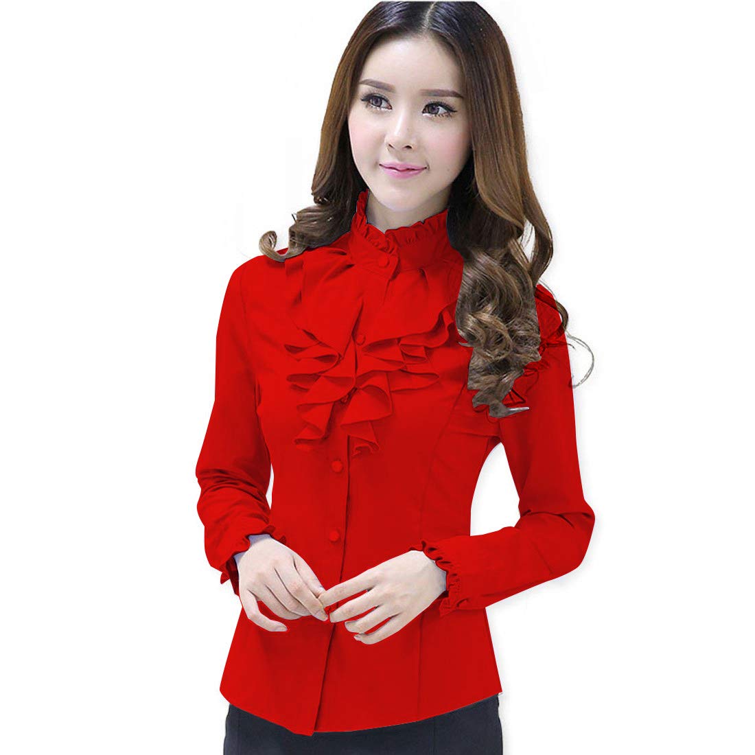TishaniWomen Stand-Up Collar Lotus Crepe Casual Office Blouse High Neck  Vintage Victorian Style Ruffle Shirt