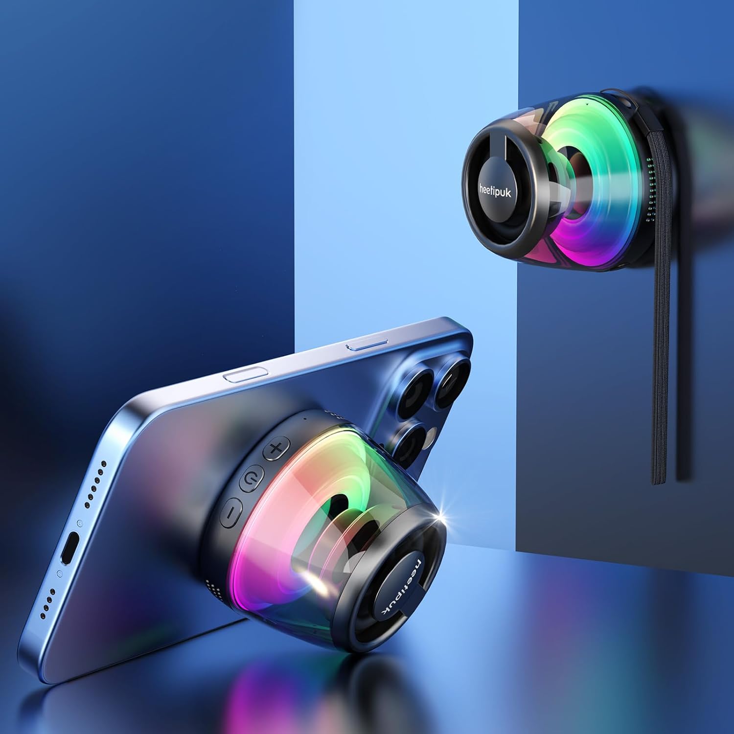 heetipuk Mini Magnetic Bluetooth Speaker, Loudspeaker with Bass Diaphragm, 5W Internal-Magnet Speaker, 7H Playtime,TWS, RGB Light, TF Card Slot, Including Magnetic Ring and Lanyard, As Phone Stand