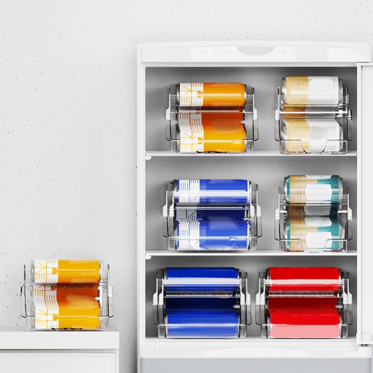 Double Layered Plastic Drink Can Organizer with Automatic Rolling Dispenser for Refrigerator Storage, Sturdy and Space-saving Beverage Holder Suitable for Pantry and Cabin