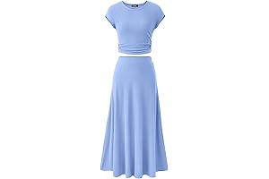 Baby Blue Skirt Women's Two Piece Outfit, Ribbed Knit Cropped Top & Midi Skirt Set