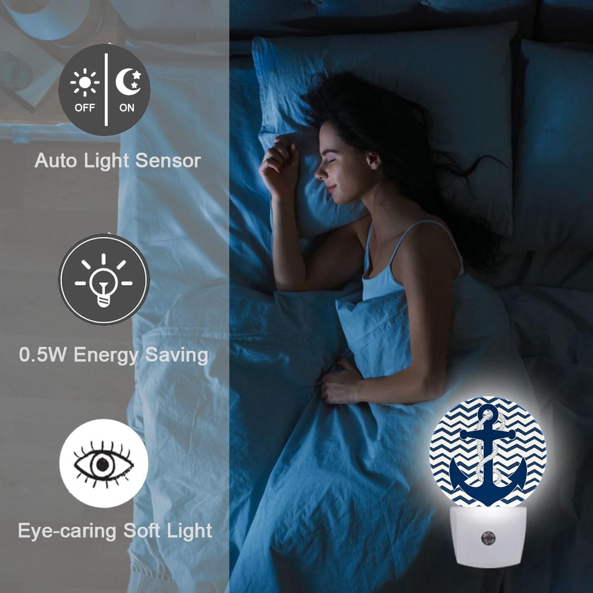 Nautical Anchor Stripes Night Light Plug Into Wall Auto Led Sleep Round Lamp for Living Room Hallway Stairs