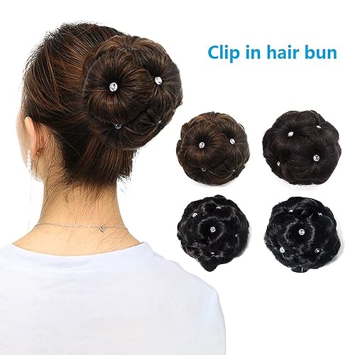 Miniatura 3 de Moño de pelo con clip para mujer, postizo con diamantes de imitación, marrón claro mezclado