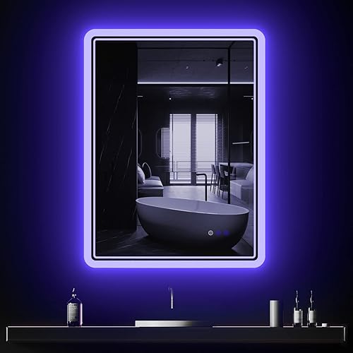CFYLO Espejo retroiluminado LED de 24 x 32 pulgadas, espejo de baño con luces, espejo LED para baño, atmósfera azul retroiluminada LED, espejo de disponible en Yaxa Peru